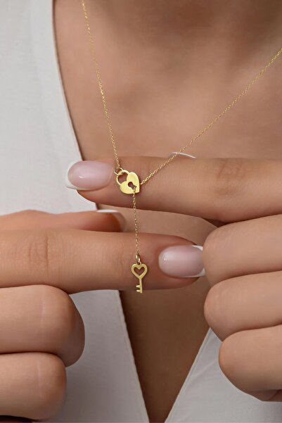 U ADİEU GOLD 14 Ayar Altın Taşsız Plaka Kalp Kilitli Ve Anahtarlı Şık Ve Anlamlı Tasarım Kadın Kolye