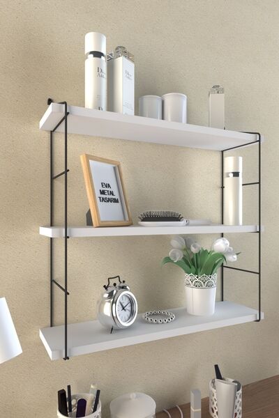 EVA METAL TASARIM Modern Büyük Boy 3 Katlı Duvar Rafı Beyaz