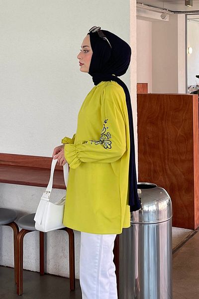 lamelif Oil Green Sleeve Embroidered Hijab Tunic