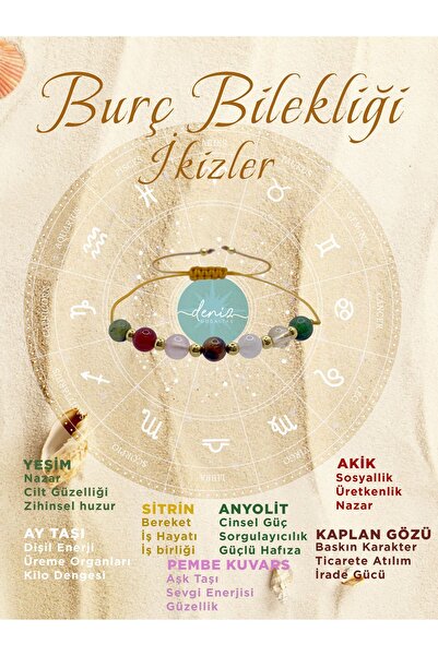 Deniz Doğal Taş Doğal Taş ikizler Burç Bilekliği Akik-Anyolit-Yeşim-Sitrin-Pe...