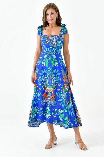 lovebox Rochie midi pentru femei cu decolteu pătrat cu imprimeu floral și curea papion 105