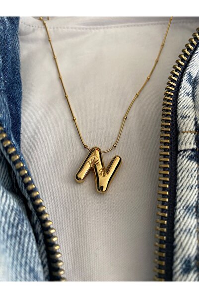 Özlemin takı tezgahı Balon harf kolye N harfi çelik gold dorika zincirli