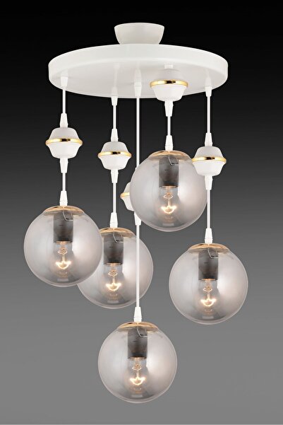 Genel Markalar Sarkıt Tepsi Beyaz 5'li Füme Glop Camlı Aşağı Bakan Lüks Avize