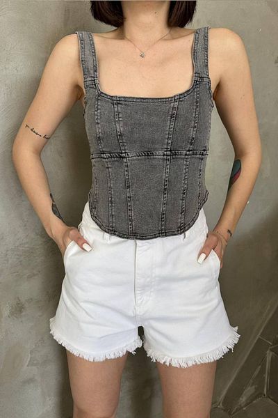 fehika Gray Jeans Denim Jean Blue Bustier - Snow Wash and Back Low Cut