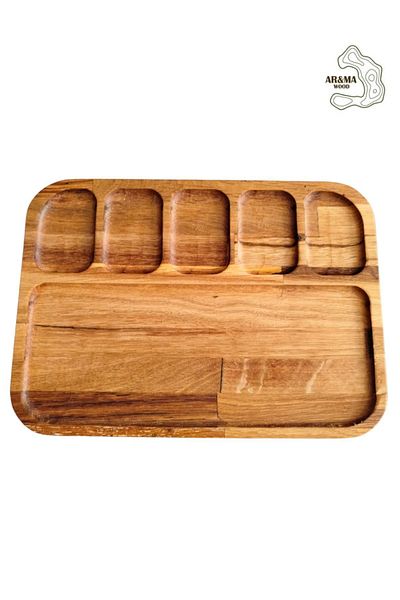 AR&MA WOOD Wooden Snack Bowl Breakfast - Brown Fruit Presentation Plate - 6 Compartments Natural 32x23