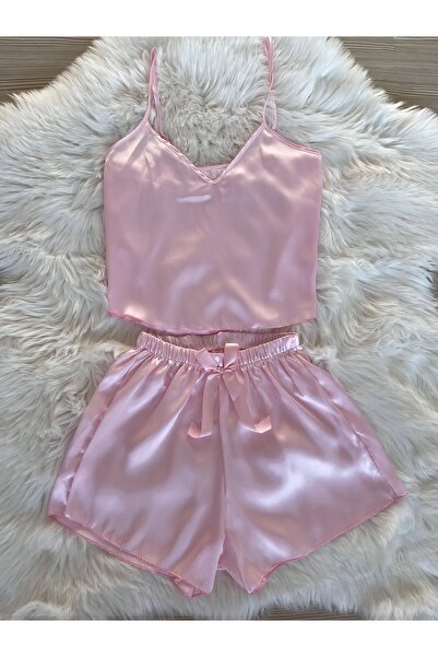 Pijamacs Σετ πιτζάμες Satin Powder Pink με σορτς - Κρεμάστρα με κορδόνι