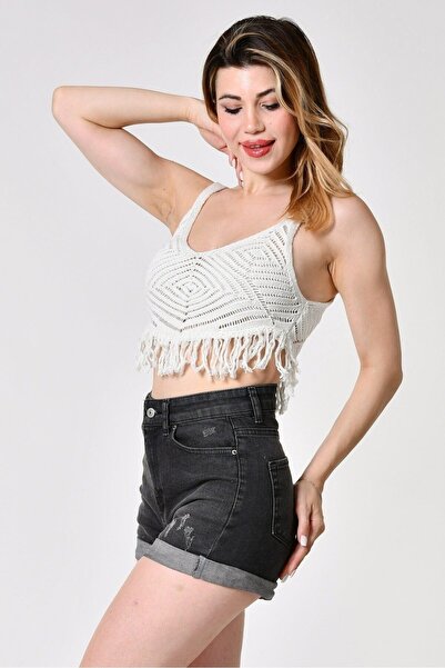 Top Secret Tasseled Openwork Crop Knitwear Blouse - Beige - Standard