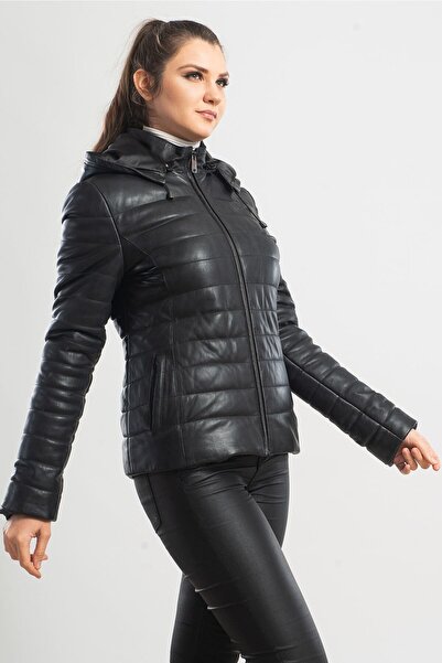 Ata Leather Kadın Siyah Hakiki Deri Kapşonlu Şişme Mont