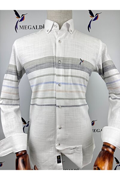 MEGALDİ Erkek Slim Fit Kesim Linen Keten Blok Desenli Yeşil Uzun Kollu Gömlek