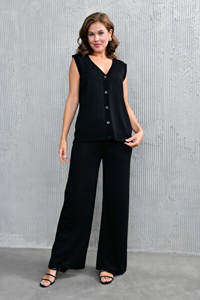 bayansepeti High Waist Wide Leg Trousers and Sleeveless Vest Black Knitwear Set - 103