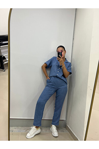 by-deryaaydin بنطلون جزرة من الكتان الأزرق النيلي - مرن