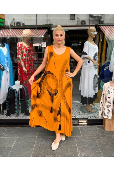 Sosyete Kaplumbağa Authentic Voile Cotton Embroidery and Handcrafted Mustard Yellow Maxi Dress