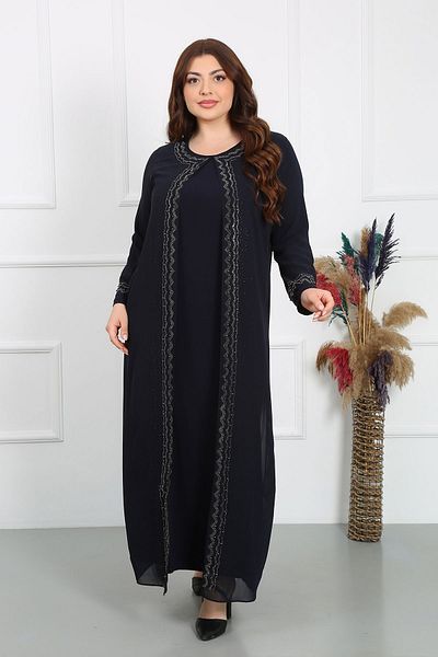 YASEŞA BUTİK Plus Size Fashionable Stone Detailed Navy Blue Evening Dress for Mother and Woman