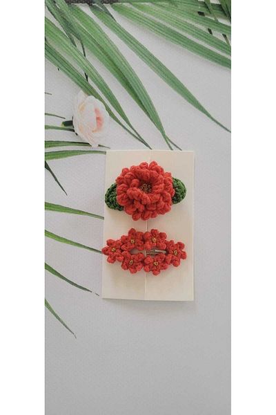 Kadın Girişimciler Atölyesi Red Floral Buckle Set of 2 - 100% Cotton, Chrysanthemum and Crispy Flower Pattern