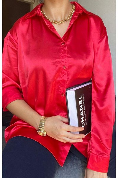 AB LOOKS Women's Oversize Buttoned Shiny Satin Shirt