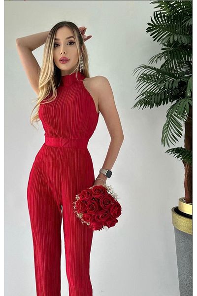 BEAUTY FASHİON فستان سهرة نسائي أحمر برقبة رسن بدون أكمام - فستان سهرة وحفلات التخرج