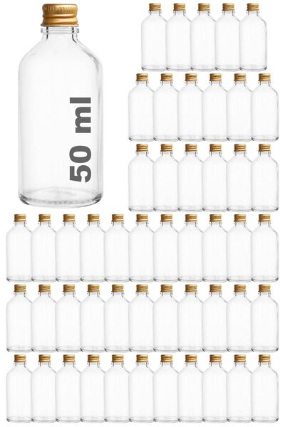 Afracam 50 ml Şeffaf Metal Gold Kapak Shot Şişesi 50 Cc Kolonya Koku Hediyelik Beyaz Cam Şişe 50 Adet