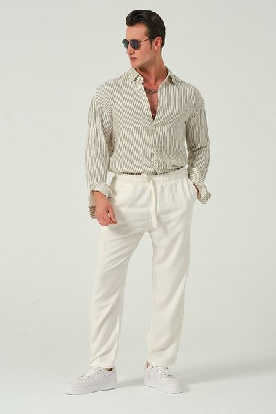 RELAXL Off-White Relaxed λινό παντελόνι - 100% βαμβάκι, φαρδύ πόδι, ελαστική μέση
