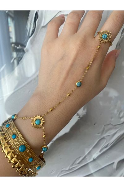 Pinery Jewels Turquoise Stone Detailed - Sun Adjustable Ring Anti-Tarnish Steel Women's Shahmeran