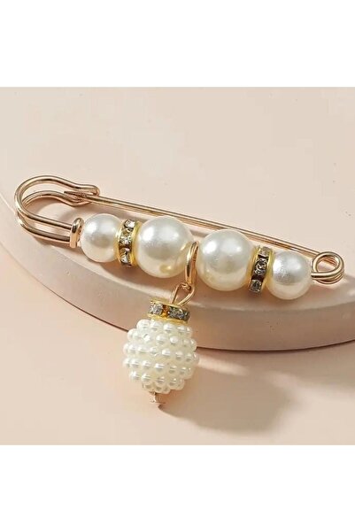 İMREN AKSESUAR Stoned and Pearl-Studded Pin Brooch, 6 cm in Yellow Metal Color