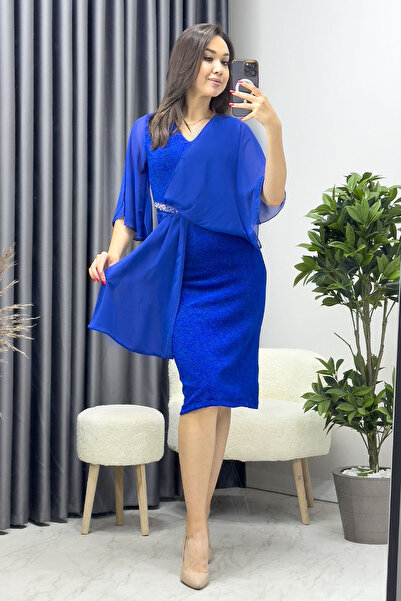 Elbise Delisi Kadın  Taş Detaylı Volan Kol Simli Abiye Elbise Saks, Gri, Yeşi...