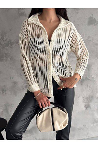 AB LOOKS Kadın Krem Ajurlu Delikli Oversize Gömlek Mevsimlik Yeni Sezon Düşük Omuz Dokulu File Gömlek