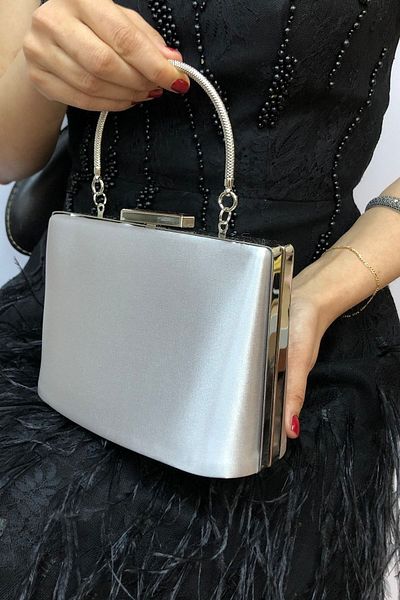 NAZART Rochie de seara de dama din satin argintiu clutch portofoliu geanta dama