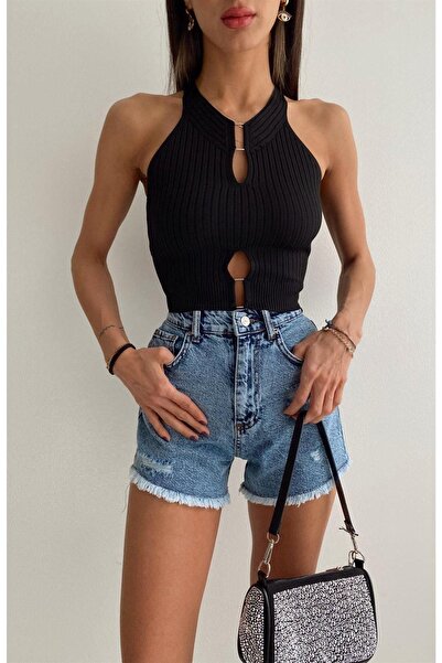 WEAR AND WEAR Bluză crop cu bretele pentru femei, tricotaje negre cu nervuri