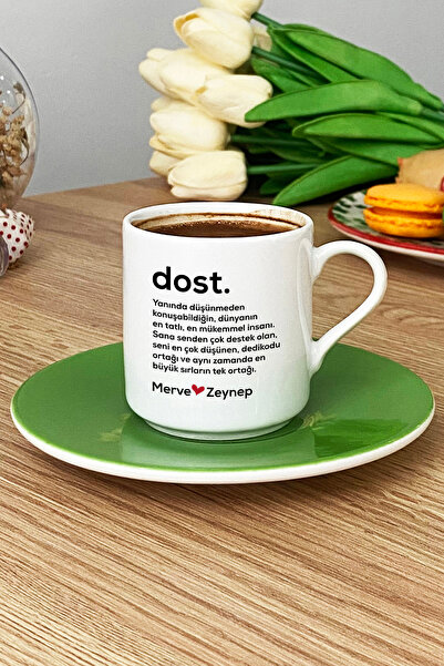 Hedizu Kişiye Özel Dost Türk Kahvesi Fincanı Yeşil İsme Özel Arkadaşa Hediye