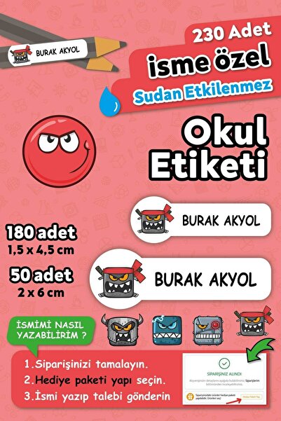 HediyeHanesi Redball Temalı Kişiye Özel İsimli Defter Kalem Okul Etiketi, Yır...