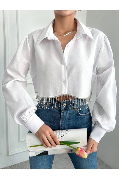 JESSE STORY Cămașă CROP ALBĂ DE FEMEI Cămașă DESIGN STONE HANDWORK