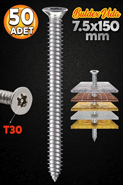 Badem10 Buldex Vida 7.5x150 mm 50 ADET Sivri Uçlu Dübelsiz Beton Vidası Tork ...