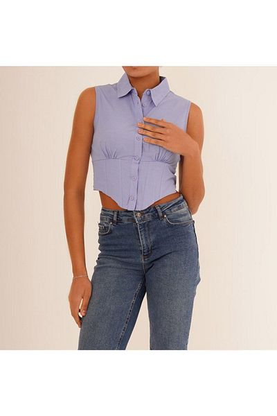 WEAR AND WEAR Cămașă de damă, albastru deschis, fără mâneci, cu talie, cu corset elastic, din popelină, fără mâneci
