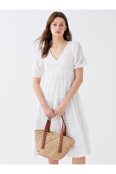 LC Waikiki Rochie de damă, cu decolteu în V, cu mâneci scurte, broderie