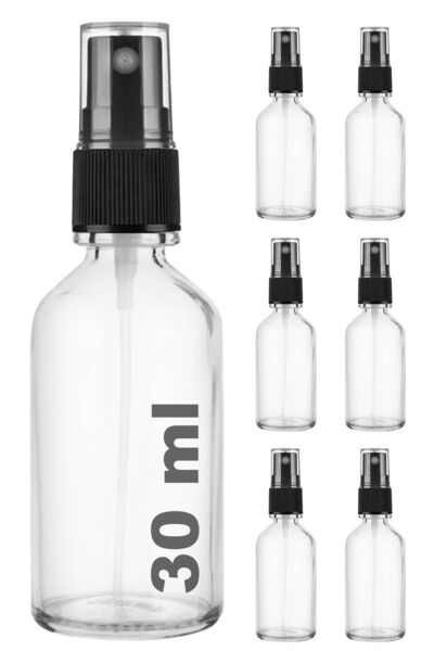 Afracam 30 ml Şeffaf Kapaklı Siyah Sprey 30 Cc Fısfıs Kolonya Dezenfektan Cam Şişe 6 Adet