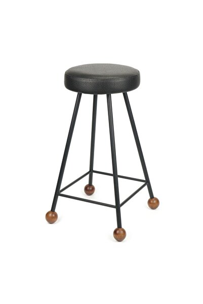 Wood Stone Art Tabure Sandalye Bar Taburesi Döşemeli Demir Ayaklı Ahşap Topuzlu Modern Rahat 65 Cm