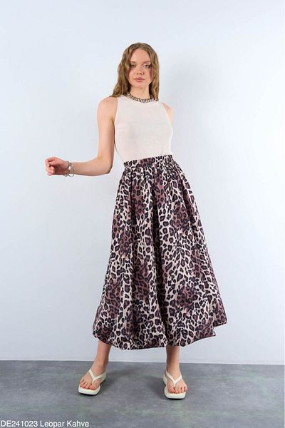 Zey Studio Camel Leopard Patterned High Waist Maxi Balloon Women's Skirt