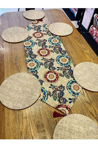 Dream Home Aslıdreamhome American&servis, Alergăr cu model mandala din răchită etnică, set Supla din 6 bucăți din răchită MDF