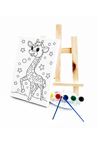 Yavru Zürafa Çocuk Ressam Seti - 20 x 30 cm Önçizimli Tuval, 2 Adet Fırça, Palet, Boyalar ve Şövale
