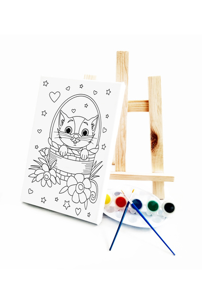 lilafil Children's Painter Set - Cat in the Basket, 20X30 cm Precise Canvas, 2 Brushes and Palette Included