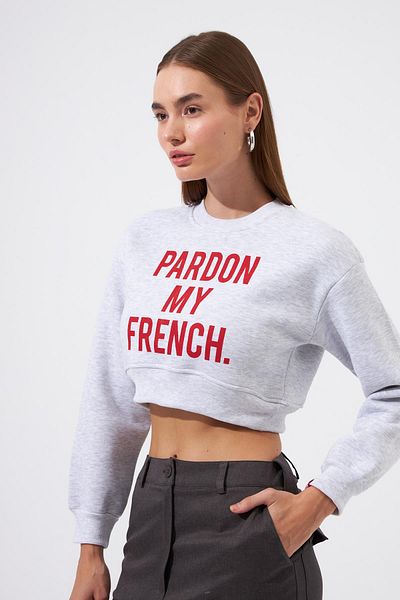 NOK İSTANBUL Pardon My French Slogan Crop Sweatshirt Gray