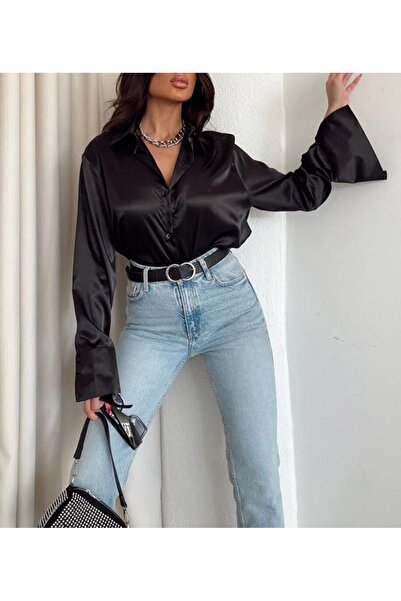 AB LOOKS Kadın Siyah Oversize Salaş Dökümlü Geniş Manşet Düğmeli Parlak Saten...