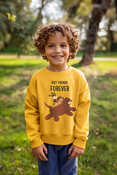 TRENDYOLKIDS Boy's Yellow Seasonal Sweatshirt - Thin Animal Pattern, Crew Neck Tkdaw25sw00005