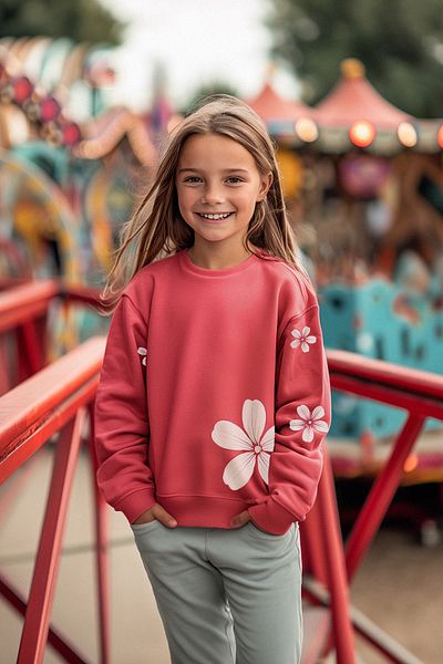 TRENDYOLKIDS Girl's Fuchsia Seasonal Sweatshirt - Thin Floral Pattern Tkdaw25sw00001