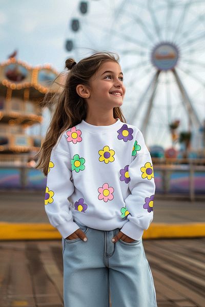 Trendyol Collection Girl's Ecru Seasonal Thin Floral Patterned Sweatshirt - Crew Neck Tkdaw25sw00008