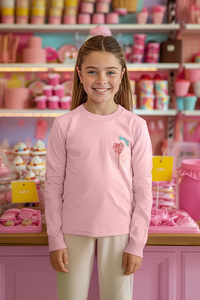 TRENDYOLKIDS Girl's Crew Neck Cotton T-Shirt - Powder Patterned Tkdaw25Ts00010