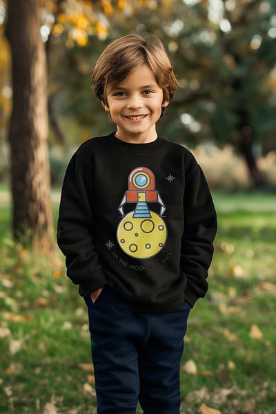 TRENDYOLKIDS Boy's Black Seasonal Sweatshirt - Thin Space Pattern, Crew Neck Tkdaw25sw00005