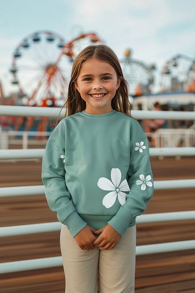 TRENDYOLKIDS Mint Girl's Thin Floral Patterned Seasonal Knitted Sweatshirt - Tkdaw25sw00001