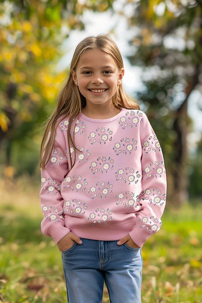 TRENDYOLKIDS Pink*004 Girl's Thin Floral Patterned Seasonal Knitted Sweatshirt - Tkdaw25sw00001