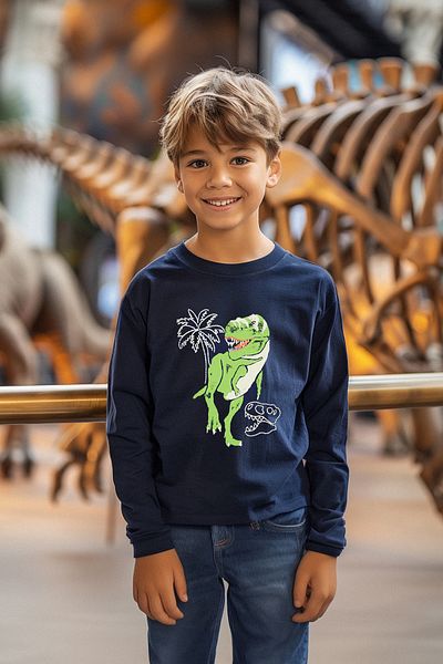 TRENDYOLKIDS Chlapecké bavlněné tričko se vzorem dinosaura - Crew Neck Tkdaw25Ts00009